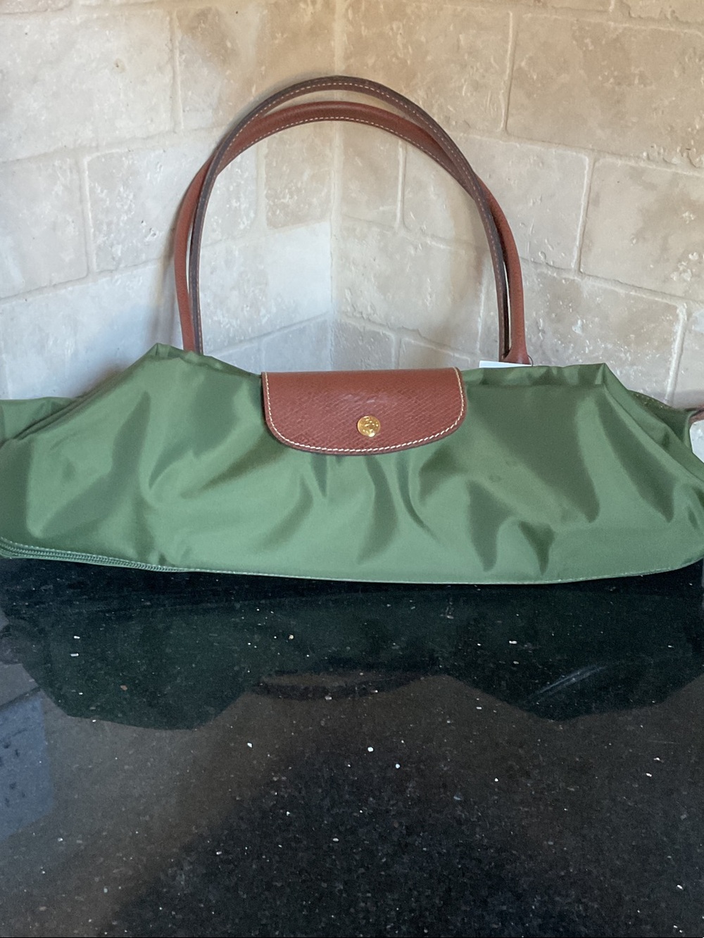 Longchamp Olive Nylon Tote with Brown Leather Trim - Picture 10 of 11